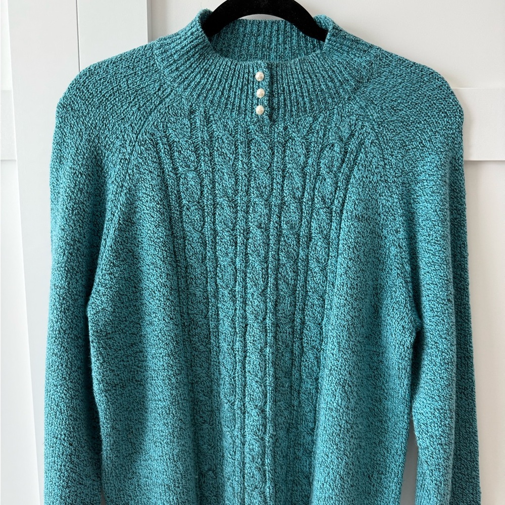 Karen Scott Turquoise Knit Sweater with Pearl Accents